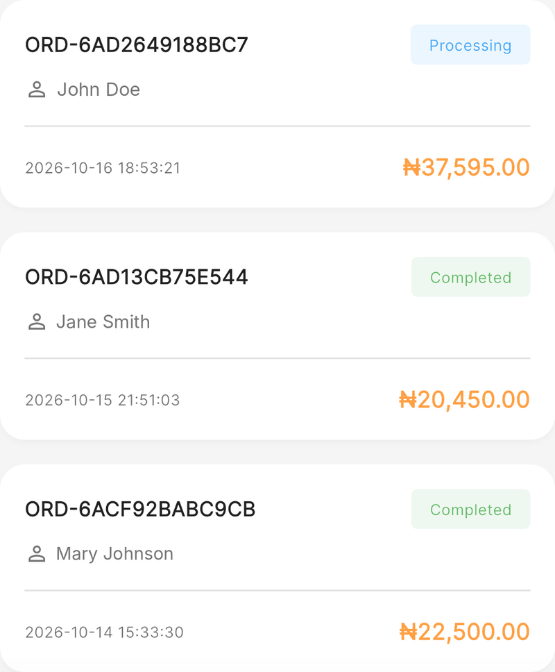 KarryBiz order list with processing and completed orders