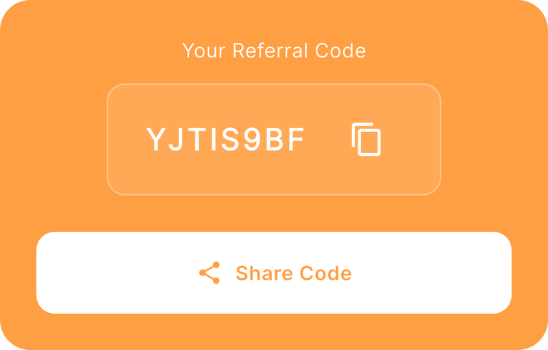 Referral code card with Share Code button