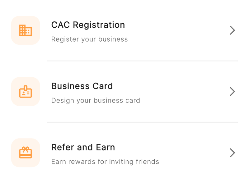 Additional services menu: CAC Registration, Business Card, Refer and Earn
